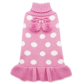 KYEESE Dog Sweater Dress Polka Dot Dog Sweater for Girl Pink with Leash Hole Knit Warm Dogs Clothes with Pom Pom Ball for Fall Winter