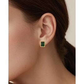 Hypoallergenic Emerald Stud Earrings for Women | 14K Gold Plated Square Green Jewelry | 8MM Vintage Women Gift for Anniversary, Sensitive Ears & Office to Party