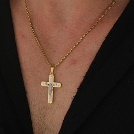 Nawflue Cross Necklace for Men 18K Gold Plated Cross Pendant Necklace Stainless Steel Religious White Gold Catholic Jesus Necklace Faith Jewelry