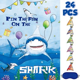 WERNNSAI Pin The Fin on The Shark Party Games - Ocean Party Supplies for Kids Boys Girls 21’’ x 28’’ Shark Game Poster with 24 Pcs Reusable Stickers for Shark Birthday Party Decorations