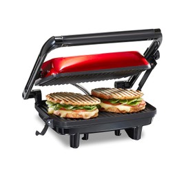 Hamilton Beach Sandwichera, Prensa para Panini, para Cualquier Espesor de Sándwich, Parrillas Antiadherentes de 25.4 x 20.32 Centímetros, Roja (25462Z)