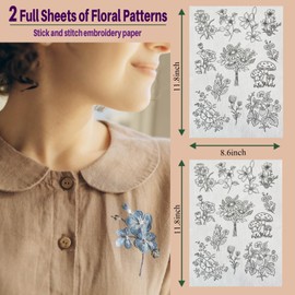 ZQmino Water Soluble Embroidery Patterns Stick and Stitch Embroidery Paper Designs Adhesive Embroidery Transfer Paper with Pre-Printed Flower Mushroom for Hand Sewing (Floribunda)