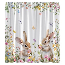 KDYDK Spring Easter Bunny Shower Curtains Rabbits Floral Plant Watercolor Flower Festival Holiday Boho Nature Decor Bathroom Curtain Set with Hook