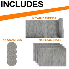 ZENO Placemats Table Mats | 9 Piece Set with 4 x Placemats + 4 x Coasters + 1 x Long Table Mat | Resistant Anti Slip Table Place Mats and Coaster Sets for Home | Restaurant | Grey