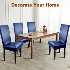 WUSOUPU Navy Leather Chair Covers for Dining Chairs Set of 6, Faux Leather Dining Chair Covers Removable Wipeable Parson Chair Covers Leather, Stretch Waterproof Chair Seat Covers for Dining Chairs