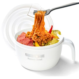 Layron Ramen Cooker Bowl - 45 oz Microwaveable Noodle Bowl Ramen in few Minutes- BPA Free and Dishwasher Safe Set with Chopsticks Perfect for Dorm, Small Kitchen, or Officee (white)