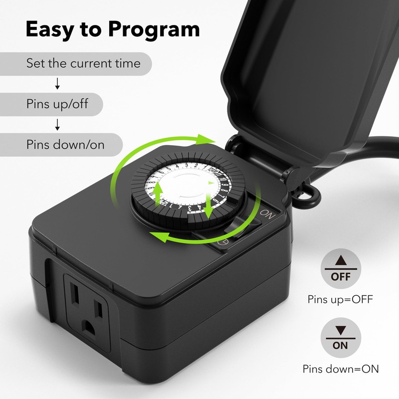 BN-LINK 24-Hour Mechanical Outdoor Light Timer, Waterproof, Heavy Duty, 15A