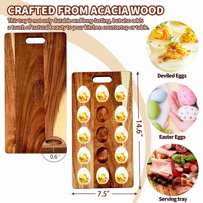 Erwuldor Acacia Wood Deviled Egg Platter,15Holes Deviled Egg Tray.Strip Deviled