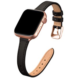 SUNFWR Compatible with Watch Strap 42 mm 44 mm 45 mm 49 mm, Genuine Replacement Leather Strap, Slim and Lightweight Strap for iWatch Series Ultra/8/7/6/5/4/3/2/1, SE (Black and Rose Gold)