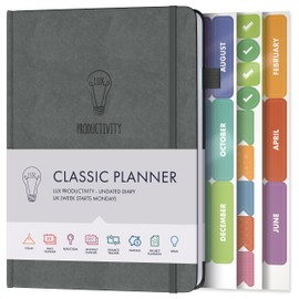 Daily Planner & appointment diary - Gratitude journal, wellness journal & Undated weekly planners and organisers - Desk journals for women & men - LUX Productivity Classic (GUNMETAL GREY)