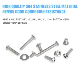 DYWISHKEY 216 Pieces #8-32 x 1/4", 5/16", 3/8", 1/2", 5/8", 3/4", 1", 1-1/4" Button Head Socket Cap Screws Nuts Washers Assortment Kit, 8-32 Screw Kit, 304 Stainless Steel
