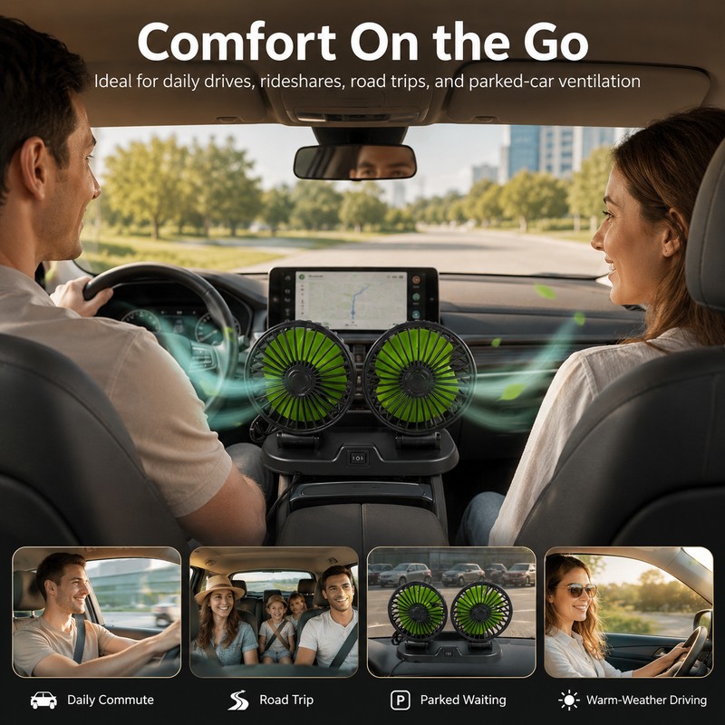 Dual-Head Car Cooling Fan – 2-Speed Adjustable USB Auto Air