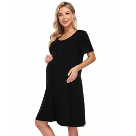 KOJOOIN Nightdress Women's Birth Nursing Nightdress Cotton Nursing Dress Short Sleeve Night Dress Sleepwear with Full Button Placket (Reusable Packaging), black