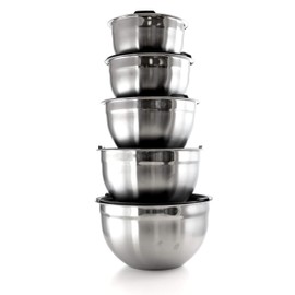 Megachef Stackable Mixing Bowl Set with Lids, 5 Piece Assorted Size, Silver Chrome