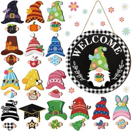 Easter Interchangeable Wooden Gnome Decor Holiday Seasonal Gnome Decorations with 15 Magnet Pieces and 15 Detachable Hats Gnome Changeable Welcome Sign for Home:_Trendy Style