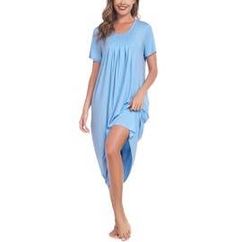Vlazom Women's Long Nightgown Pleated Casual Nightdress Short Sleeve Soft Nighties Nightwear with Pockets,Light Blue,3XL