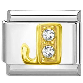 Quiges - 9mm Italian Style Charm Link Module Stainless Steel Zirconia Gold Alphabet Letter J for Italian Style Bracelets