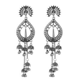 Boho Jhumka Jhumki Tassel Dangle Statement Earrings for Women Bohemian Peacock Long Bell Beads Ball Earring Indian Ethnic Vintage Bollywood Gypsy Oxidized Antique Traditional Jewelry Gift (Silver)