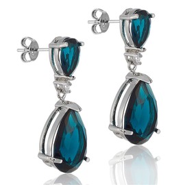 [RIZILIA CELEBOX] Teardrop Dangle Pierced Earrings with Pear Cut Gemstones CZ [Blue Sapphire] in 18K White Gold Plated, Celebrity inspired by Angelina Jolie