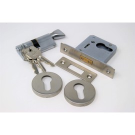 75mm Euro Profile Mortice Deadlock, Cylinder & Turn & Roses for 45mm Fire Doors - Satin Stainless Steel