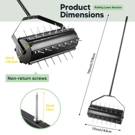 Uranshin Rolling Lawn Aerator Tool, Heavy Duty Manual Push Aerator Lawn Tool with 39 Pre-Attached Spikes and 70" Adjustable Handle, Lawn Spike Aerator Roller Suitable for Lawn, Garden and Yard