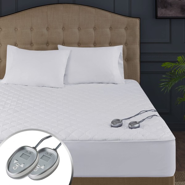 Hyde Lane Dual Control Heated Mattress Pad King Cotton, Quilted Electric Bed Warmer with 20 Heat Settings & Auto Shut Off, Fits Up to 18 Inch