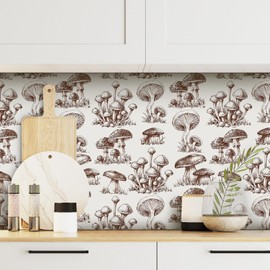 Livelynine 17.5x276 Farmhouse Mushroom Peel and Stick Wallpaper Vintage Prepasted Cream Black Neutral Cottage Core Wallpaper Vinyl Renter Friendly Boho Contact Paper for Kitchen Cabinets Furniture