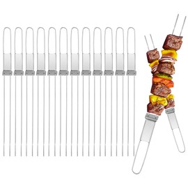 13inch 12(packs) Double Fork Flat Stainless Steel BBQ Skewers with Push Bar, Reusable Skewers for Grilling Kabob Skewer for Meat, Vegetable, BBQ Accessories