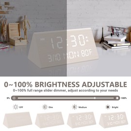 Kogonee Wooden Digital Alarm Clock, 0-100% Dimmer, 2 Alarm Settings, Weekday/Everyday Mode, 9 Mins Snooze, 12/24H, Temperature and Date Display for Office, Travel, Bedroom Alarm Clock (White)