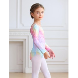 MdnMd Long Sleeve Dance Ballet Leotards for Girls Toddler Skirt Combo Ballerina Dresses Outfit Hollow Knot Back (Rainbow-Star, 6-8 Years)