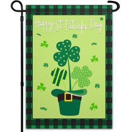Happy St Patricks Day Garden Flags 12x18 Inch Double Sided Irish Garden Flag Shamrocks Hat Gold Coins Garden Flags for Outdoor Indoor House Outside Yard Green Holiday Signs Decorations