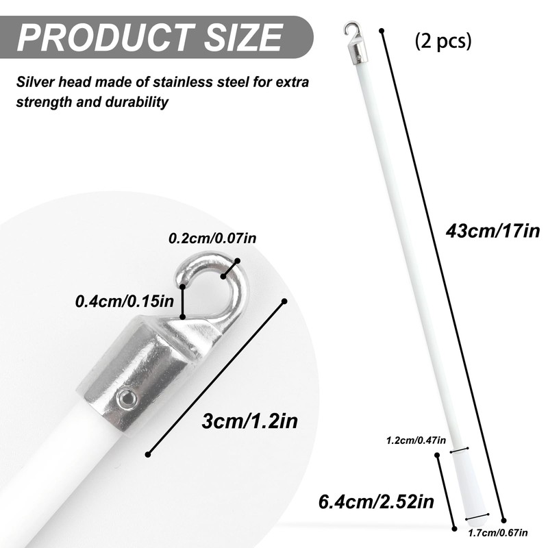 17 inch White Fiberglass Blinds Stick Replacement with Metal Hook,