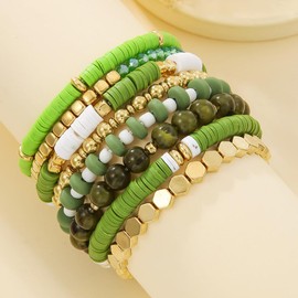 WJR 8Pcs Heishi Beaded Stretch Bracelets Bohemian Stackable Bracelet Heart Clay Gold Beaded Bracelet for Women Multi-Layer Friendship Summer Beach Jewelry-green