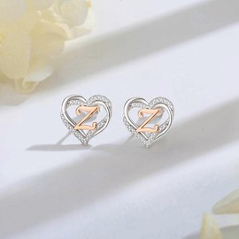 INFUSEU Initial Earrings for Women Letter Jewelry Small Heart Shaped Ear Studs Sterling Silver 925 Cute Gifts Her Birthday Mother Daughter Wife Girlfriend Cubic Zirconia CZ Alphabet Monogram Z