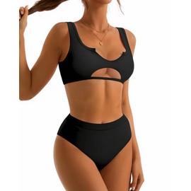 SUUKSESS Women Cutout Bikini Sets Push Up High Waisted Swimsuits 2 Piece (M(4-6), Black)