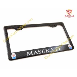 Exotic Carbon Fiber Maserati Colored Tridents & Silver Text Real Carbon Fiber license Frame 2x2