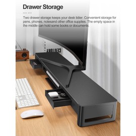 meatanty Dual Monitor Stand Riser with 2 Storage Drawers, Metal Computer Monitor Stand Monitor Shelf with Pull Out Drawer, Keyboard and Mouse Storage Desktop Organizer for PC,Laptop,iMac,TV,Printer
