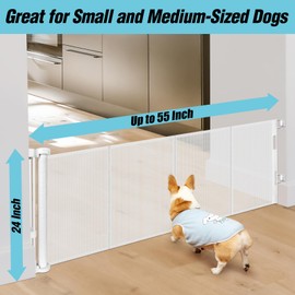 24 Inches Tall Retractable Dog Gate for The House, Short Baby Gates to Step Over, Extends up to 55" Wide, Reinforced Mesh Puppy Gate for Doorways, Step Over Pet Gate for Stairs, Indoor/Outdoor (White)