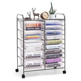 DREAMADE Rolling Cart with 15 Drawers, Clear Plastic Drawer Organizer w/Lockable Wheels, Removable & 2-Sized Storage Drawers, Art Cart for School Home Art Supplies Crafts File Scrapbook (Transparent)