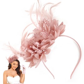 Ladies Fascinator Wedding Hat,Fascinator Pink, Headdress Feather Mesh Hair Accessories Faux Flowers Head Flowers Retro Fascinators Hat Flower Mesh Ribbons Feathers, Party Headwear for Girls and Women
