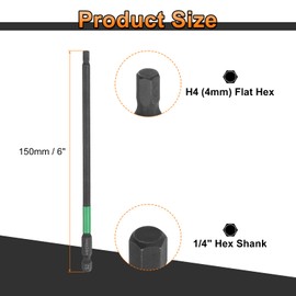 sourcing map H4 Flat Hex Head Screwdriver Bit 4mm Metric Tip 1/4" Hex Shank 150mm (6") Long Magnetic Hexagonal Screw Drill Bit Wrench Black Phosphate S2 Steel Power Driver Socket