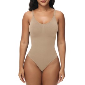 Bodysuit for Women Tummy Control Shapewear Body Shaper Seamless Spaghetti Strap Camisole Leotards Beige Thong S-M