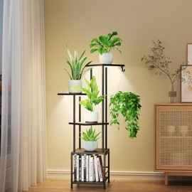 Homsorout Plant Stand Indoor with Grow Light, 5-Tiered Tall Plant Stand Indoor, Metal Plant Shelf with Hanging Basket Hook and Adjustable Light, Ideal for Living Room, Garden, Patio (Black )