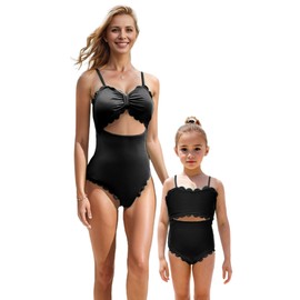 IFFEI Mommy and Me Swimsuits Women's One Piece Cutout Scallop Trim Monokini Family Matching Swimwear Bathing Suits Black Women: L