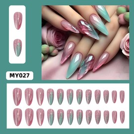 Fake Nails Press on Nails Long Almond False Nails Glossy Glue on Nails Full Cover Stiletto Artificial on Nails Glue on Nails Stick on Nails for Women Girls Nail Decoration Accessories 24Pcs