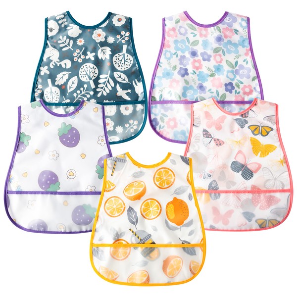 R HORSE 5Pcs Baby Bibs Set Toddler Bibs with Crumb Catcher Pocket & Snap Button Adjustable Colorful Floral Waterproof Baby Feeding Bibs for Baby Girls 6-24 Months