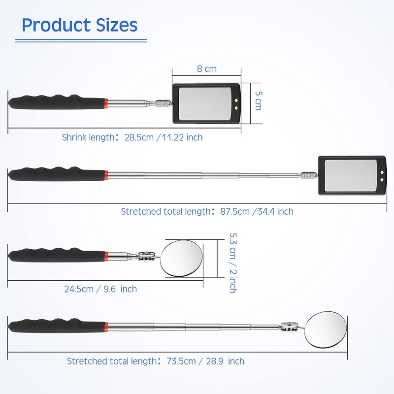 Frienda 2 Pieces Lighted Telescoping Inspection Mirror Flexible Retractable LED