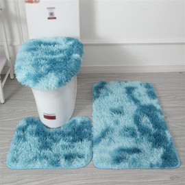 Lifup Bath Mat Set, 3-Piece Non-Slip Shaggy Bath Mat, Fluffy Contour Bath Mat, Long Pile Toilet Seat Cover, Tie Dye, Blue 2