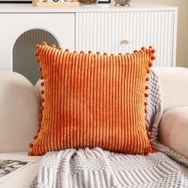 RKAAS HOME Pack of 2 Super Soft Decorative Luxurious Pom Pom Corduroy Square Cushion Cover for Living Room Sofa Couch Bed 50cm x 50cm 20x20 Inches - Orange