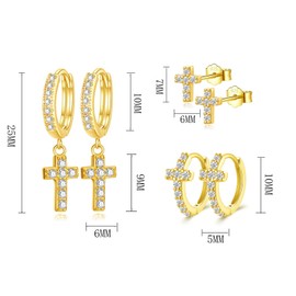 HinDaLi 3 Pairs of Cross Earrings Silver 925 for Women Men Girls Men Gold Stud Earrings Women's Small Cubic Zirconia Earrings Hoop Earrings with Cross Pendant Cartilage Tragus Sleeping Hypoallergenic